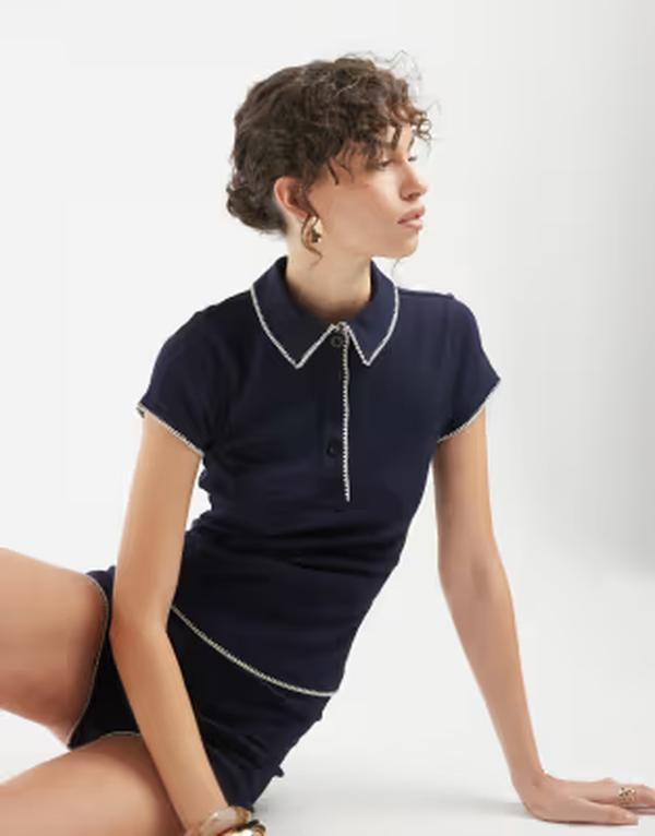 エイソス レディース トップス ティーシャツ スポーツシャツ ASOS DESIGN shrunken polo with blanket stitch detail NAVY \u0026 WHITE STITCH 白いこと