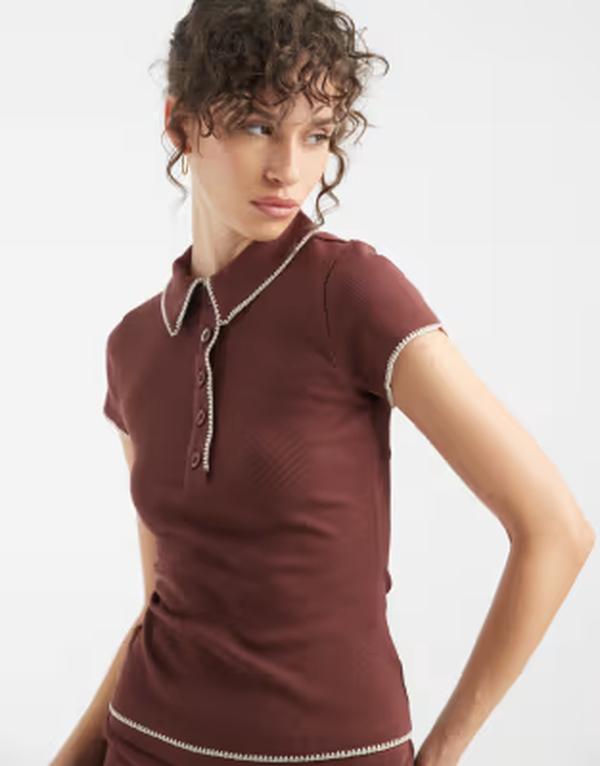 エイソス レディース トップス ティーシャツ スポーツシャツ ASOS DESIGN shrunken polo with blanket stitch detail インチ choc \u0026 cream 皮膚軟化剤