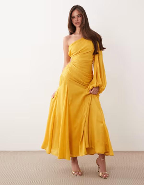 エイソス レディース トップス 衣装 ドレープ 壱肩部 繻子 ASOS DESIGN crinkle satin one-shoulder drape midaxi dress with blouson sleeve インチ ochre