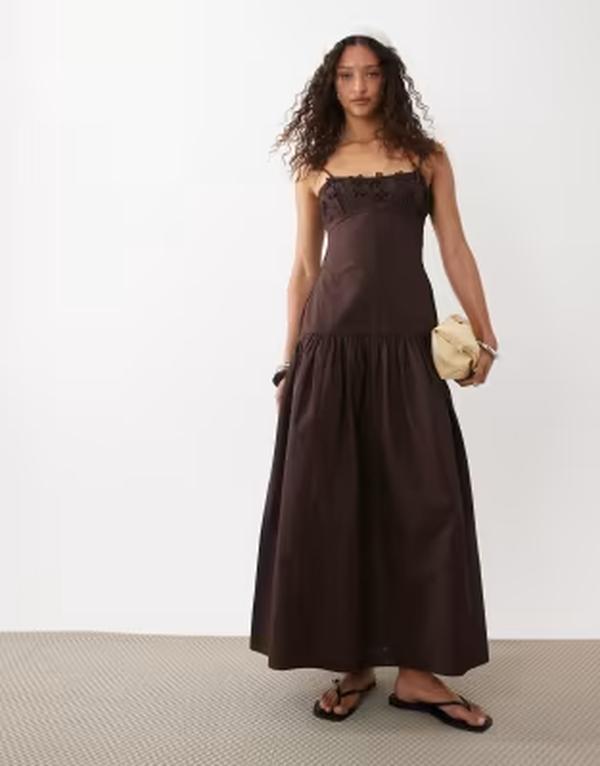 エイソス レディース トップス 衣裳 御花柄 御花 ASOS DESIGN dropped waist midaxi dress with floral cornelli embroidery インチ dark chocolate Bitter Chocolate 黒茶