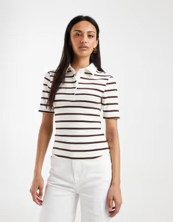 エイソス レディース トップス ポロシャツ リブ ASOS DESIGN ribbed shrunken polo top in chocolate & yellow stripes Choc stripe ストライプ｜ReVida 店