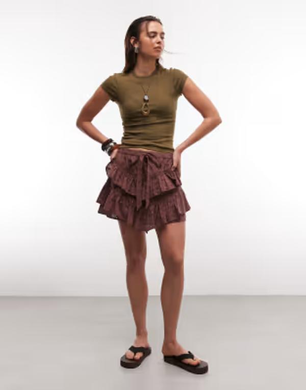 リクレイム ヴィンテージ レディース 下つ方スコート フラウンス ミニ Reclaimed Vintage mini skort with ruffles eyelet brown 赤銅色