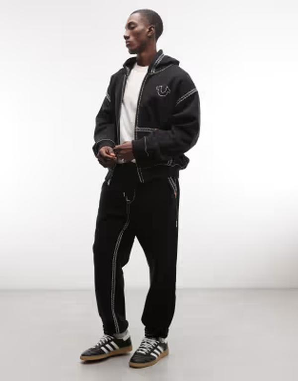 トゥルーレリジョン メンズ ボトムス 心地好いズボン下 スウェットパンツ 対比 True Religion contrastitch drawstring sweatpants Black 黒いこと