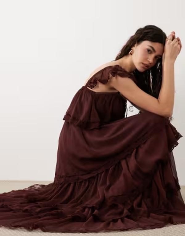 ミスセルフフリッジ レディース トップス 衣装 ティアード シフォン マキシ Misselfridge chiffon tiered maxi dress インチ chocolate 黒茶