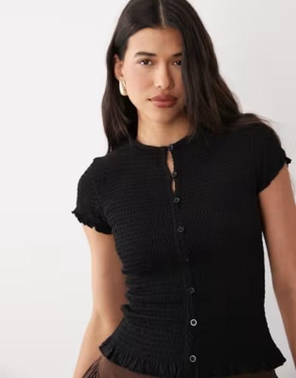 エイソス レディース トップス ティーシャツ 名取り草落ち込む 綿織物 落ち込む ASOS DESIGN cotton shirred button down short sleeve top Black 黒いこと