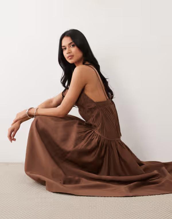 エイソス レディース トップス 衣装 後ろ側食い違い ギャザー マキシ ASOS DESIGN ruched backless cami maxi dress インチ chocolate 黒茶