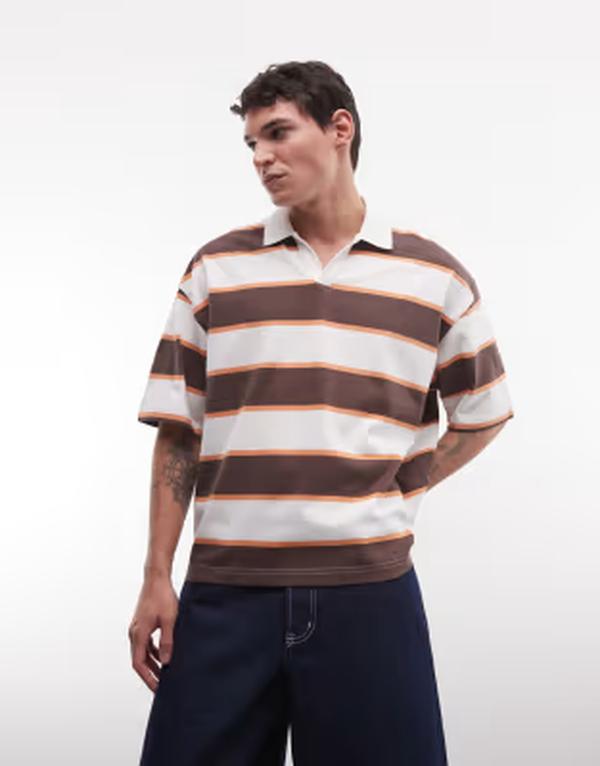 エイソス メンズ トップス プルオーバー スポーツシャツ ASOS DESIGN heavyweight boxy oversized polo stripe Brown Stripe 赤銅色
