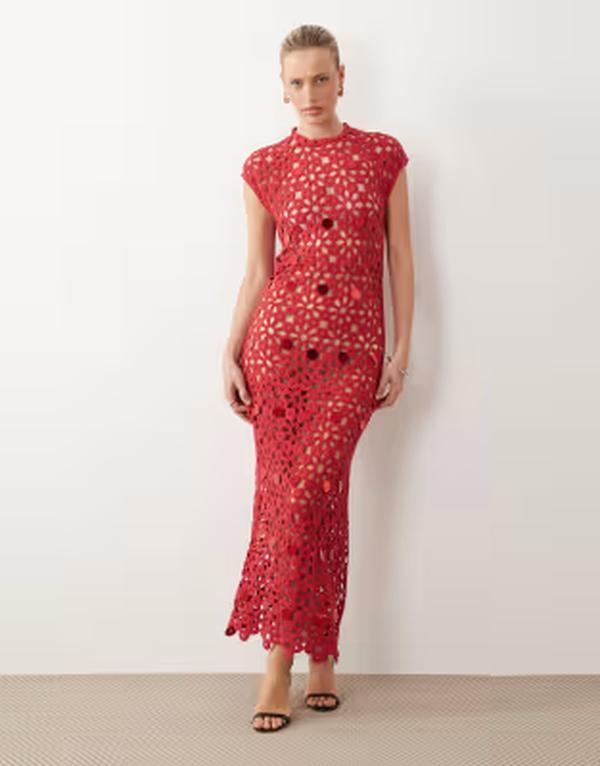 エイソス レディース トップス 衣装 明けっ広げうしろ側 スパンコール マキシ ASOS DESIGN crochet open back maxi dress with sequins Red 赤いこと