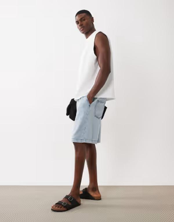 エイソス メンズ ボトムス 二分の一ズボン下・さる股引き ジーンズ リネン ASOS DESIGN pull on mid length linen blendenim jorts インチ light wash LIGHT WASH BLUE 青碧