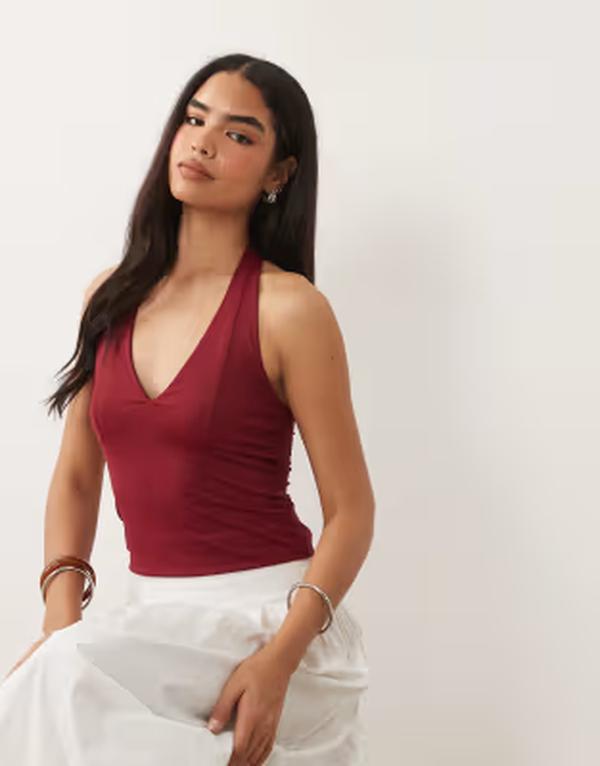エイソス レディース トップス プルオーバー ホルター ASOS DESIGN polyamide slinky halterneck top Burgundy バーガンディ