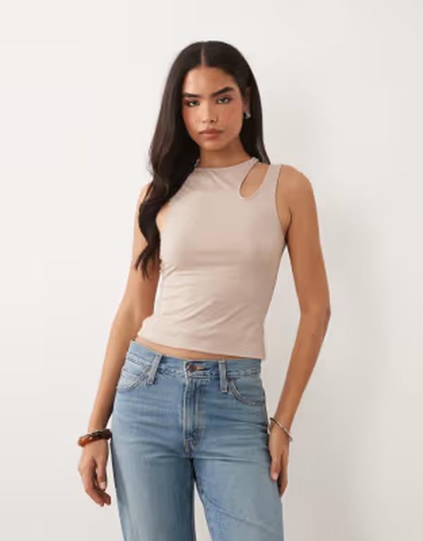 エイソス レディース トップス プルオーバー カットアウト ASOS DESIGN polyamide slinky slash cut-out shoulderacer top インチ stone 石ころ