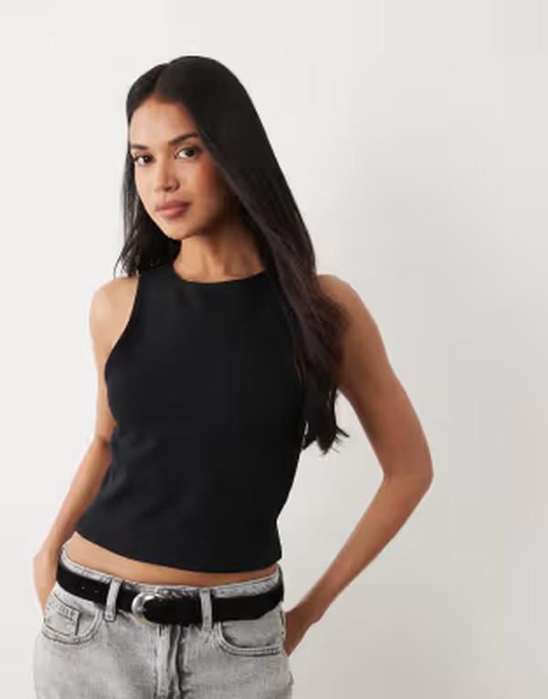 エイソス レディース トップス ティーシャツ 綿織物 ASOS DESIGN compact cotton super crop racer neck tank top Black 黒いこと