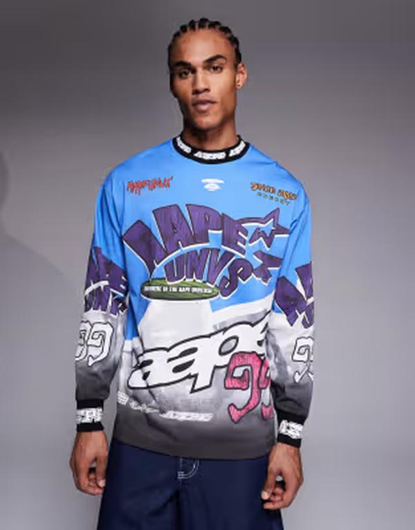 ベイシング エイプ メンズ トップス プルオーバー Aape by A Bathing Ape long sleeve motocross t-shirt BLUE 青み