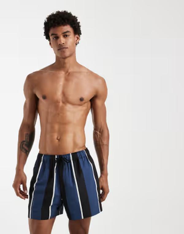 エイソス メンズ 水泳着 二分の一ズボン下・さる股引き 遊撃手ズボン下 ASOS DESIGN swim shorts インチ short length and black stripes NAVY 米国海軍