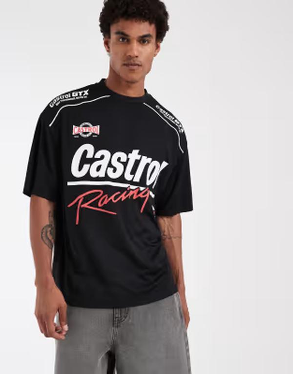 エイソス メンズ トップス ティーシャツ 刷り上げる メッシュ ASOS DESIGN oversized mesh tee with Castrol print Black 黒いこと