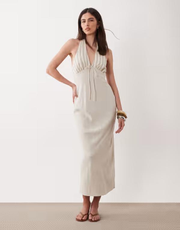エイソス レディース トップス 衣装 リネン マキシ ホルター ASOS DESIGN halter neck linen look slip maxi sundress with striped bust ineutral Neutral Stripe 縞模様