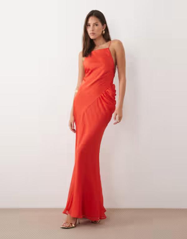 エイソス レディース トップス 衣裳 シフォン 繻子 マキシ ASOS DESIGN square neck satin and chiffon mix maxi dress インチ coral コーラル