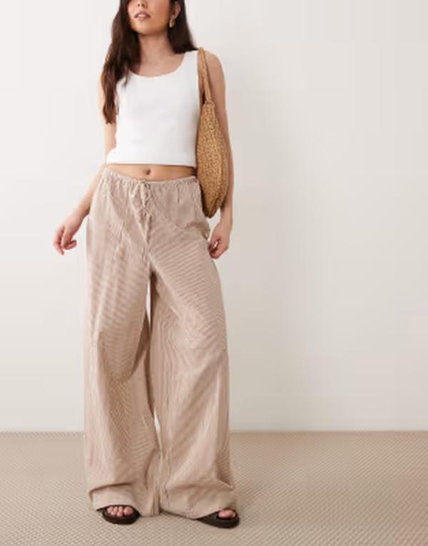 ウェンズデーガール レディース ボトムス 心地好いズボン下 ワイドレッグ Wednesday\u0027s Girl tie up wide leg pantstripe BROWN 赤銅色