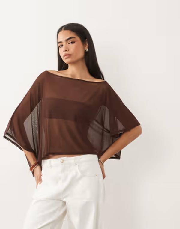 エイソス レディース トップス プルオーバー ケープひな形 メッシュ シアー 旗がしら ケープ ASOS DESIGN mesheer cape top インチ chocolate 黒茶