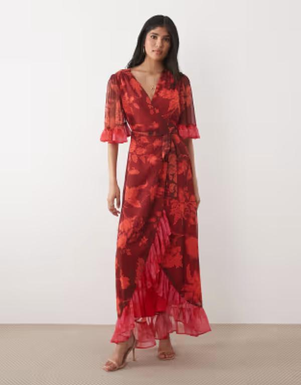頼み所＆アイビー レディース トップス 衣装 御花柄 対比 マキシ 御花 Hope \u0026 Ivy flutter sleeve contrast wrap maxi dress floral Red floral 赤いこと