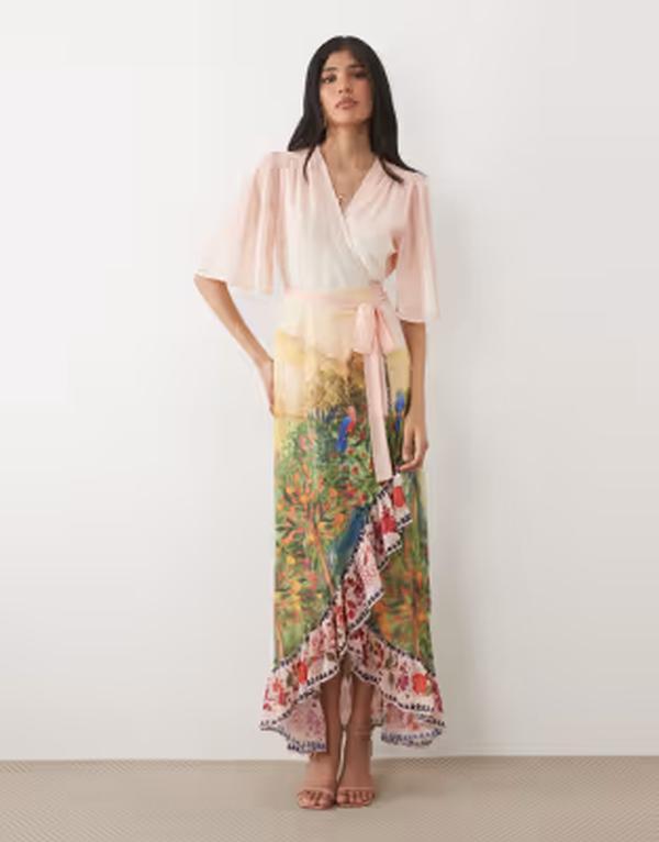 頼み所＆アイビー レディース トップス 衣装 御花柄 マキシ 御花 Hope \u0026 Ivy flutter sleeve wrap maxi dress floral boarder scene Pink multi サクラ色