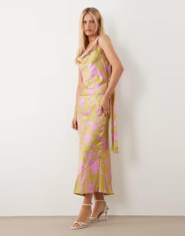 頼み所＆アイビー レディース トップス 衣装 御花柄 MIDI 繻子 御花 Hope \u0026 Ivy satin cowl neck scarf MIDI dress and pink floral GREEN PINK FLORAL サクラ色