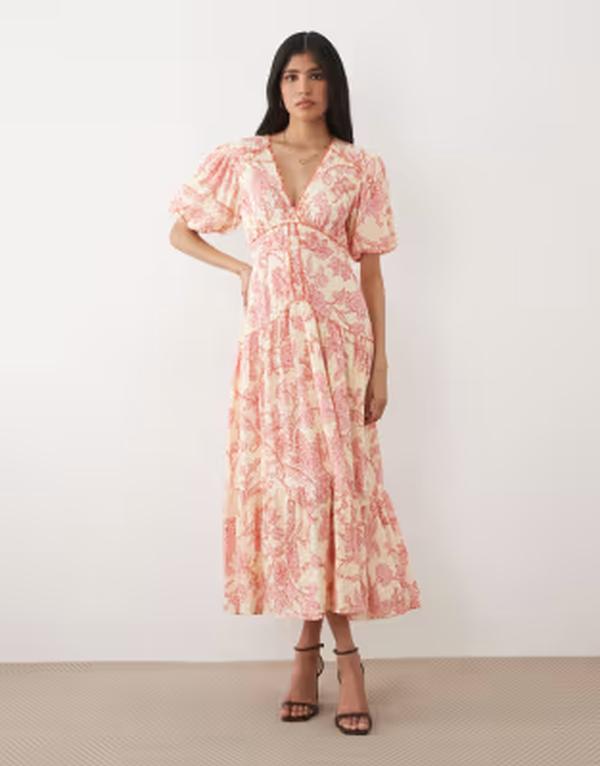 頼み所＆アイビー レディース トップス 衣装 Vのど首 御花柄 MIDI 御花 Hope \u0026 Ivy v neck puff sleeve MIDI dress floral Pink floral サクラ色