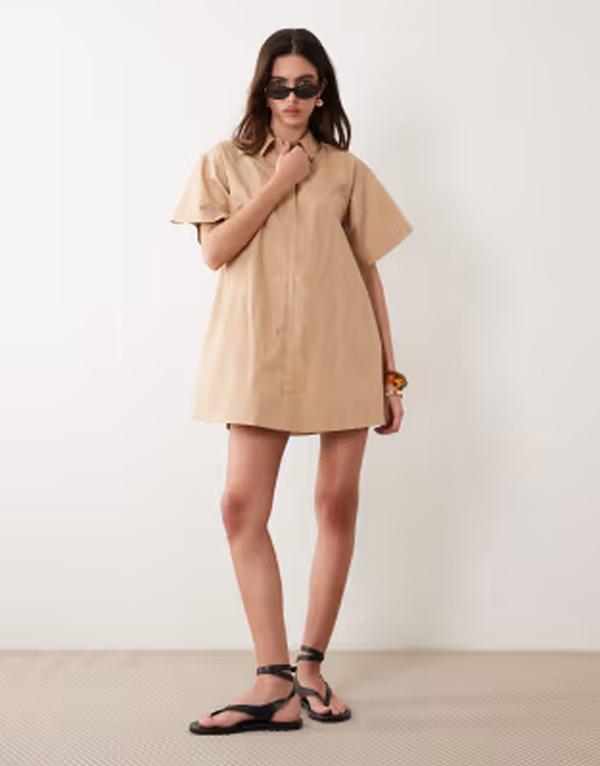 エイソス レディース トップス ワンピース ミニ ASOS DESIGN relaxed short sleeve poplin mini dress in tan タン｜ReVida 店