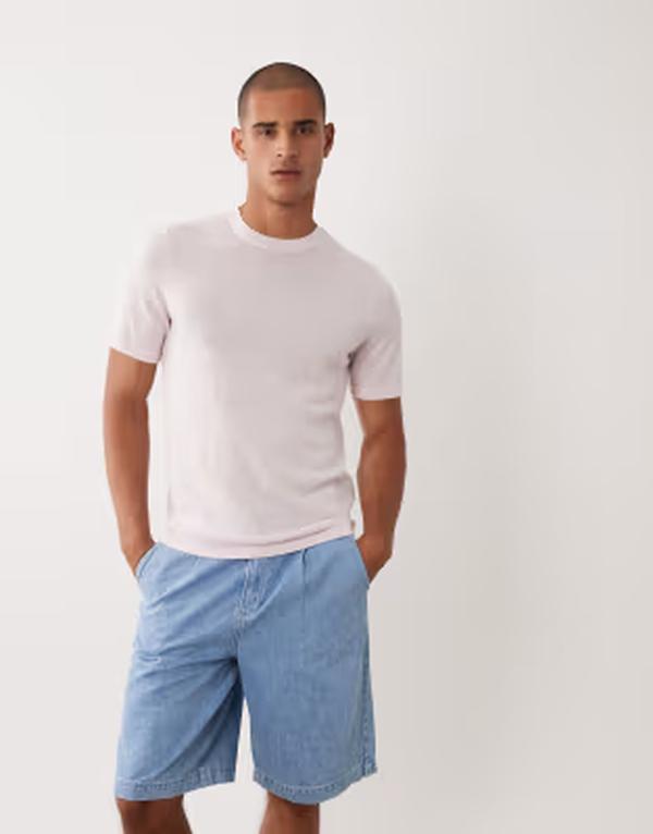 エイソス メンズ トップス プルオーバー 労働者の一団のど首 編み物 ASOS DESIGN short sleeve knitted pure merino crew neck t-shirt インチ light pink heather LIGHT PINK サクラ色