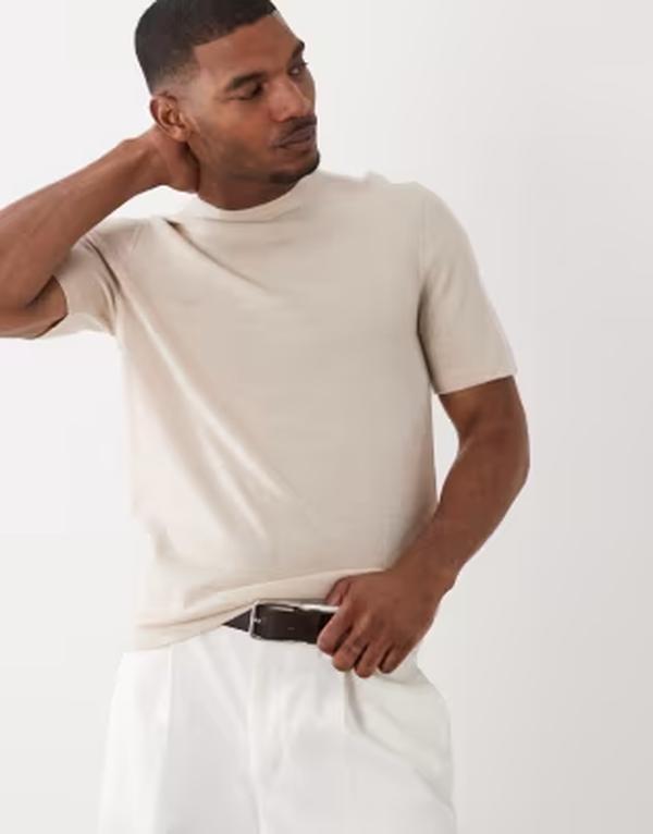 エイソス メンズ トップス プルオーバー 労働者の一団のど首 編み物 ASOS DESIGN short sleeve knit pure merino crew neck t-shirt BEIGE ベージュ