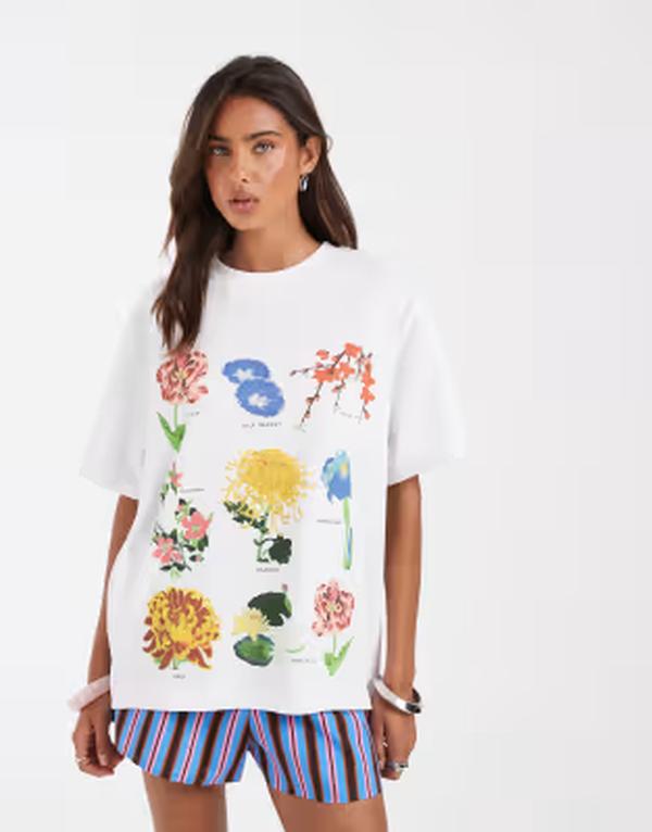 エイソス レディース トップス ティーシャツ グラフィック ASOS DESIGN oversized T-shirt with flower chart graphic WHITE 白いこと