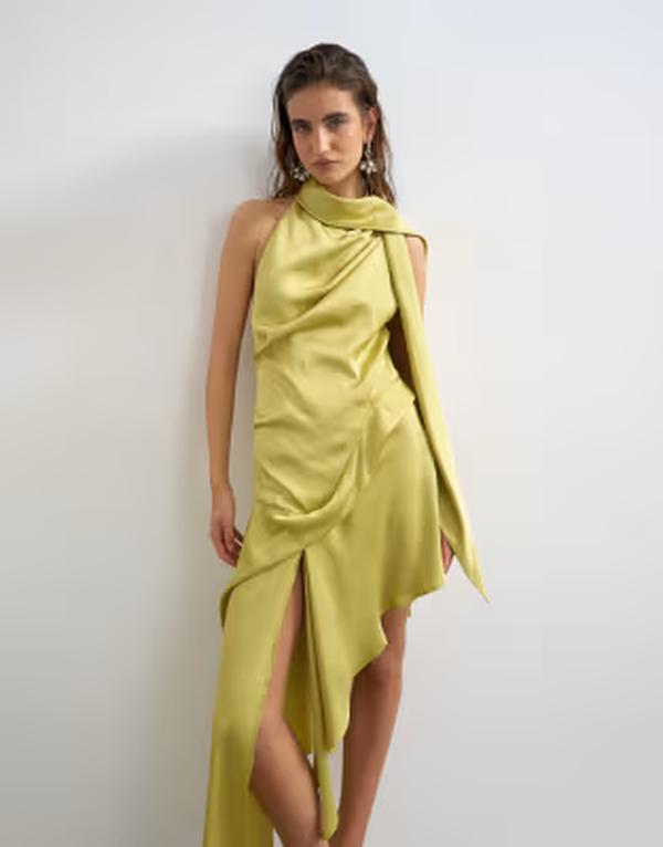 いの一番販売店 レディース トップス 衣装 非対称 ミニ 繻子 ホルター Topshopremium halter neck asymmetric satin mini dress with scarf detail インチ golden olive Golden Olive オリーブ