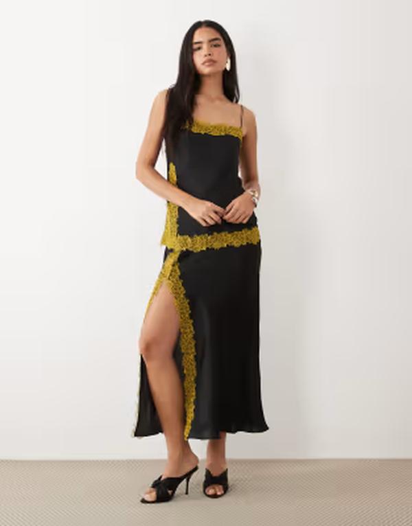 エイソス レディース トップス 衣裳 繻子 スピード競技 マキシ ASOS DESIGN bias cut double layer lace appliqu satin maxi dress Black 黒いこと