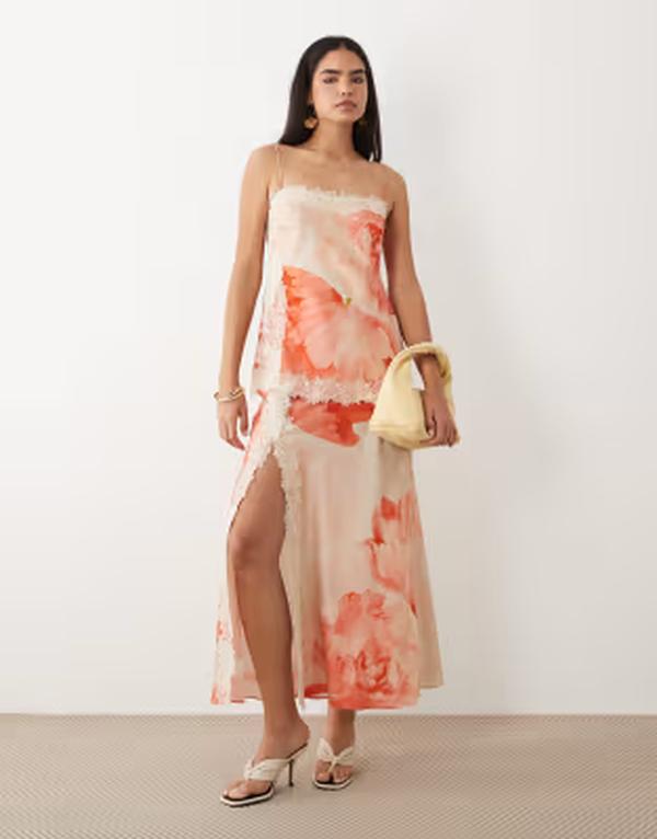 エイソス レディース トップス 衣装 御花柄 刷り上げる 繻子 スピード競技 マキシ 御花 ASOS DESIGN bias cut double layer lace appliqu satin cami maxi dress インチ orange oversized floral print Orange floral オレンジ色