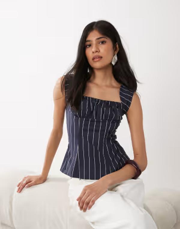 ウィ ウォー ワット レディース トップス シャツ ギャザー キャップ WeWoreWhat cap sleeve ruched cups corset Navy/ivory アイボリー|ReVida 店