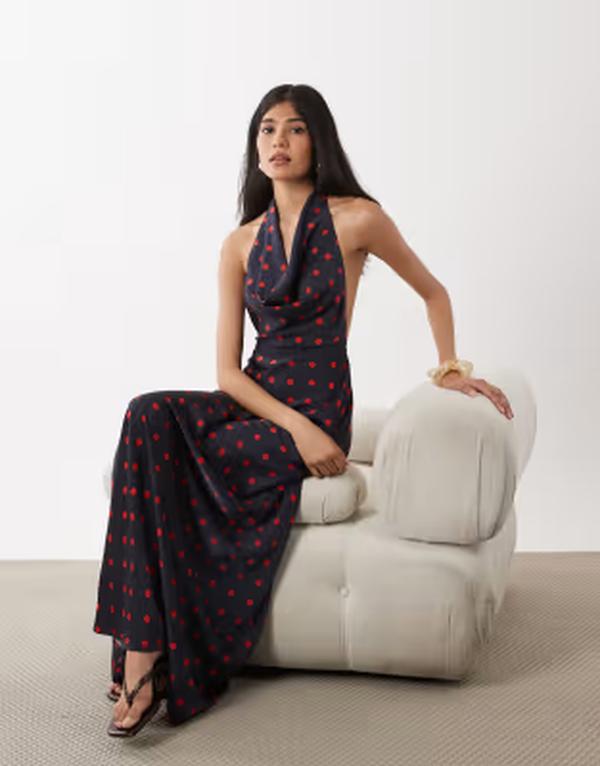 ウィ ウォー ワット レディース トップス ワンピース ドット マキシ ホルター WeWoreWhat cowl halter neck maxi dress in polka-dot Navy/crimson ネイビー｜ReVida 店 41,470円