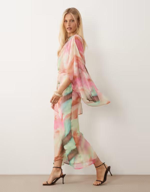 エイソス レディース トップス 衣裳 開けはなしうしろ側 ケープひな形 ドレープ 旗がしら ケープ ASOS DESIGN kimono sleeve cape detail draped midaxi dress with open back インチ multicolor inky abstract Multi マルチ色つや