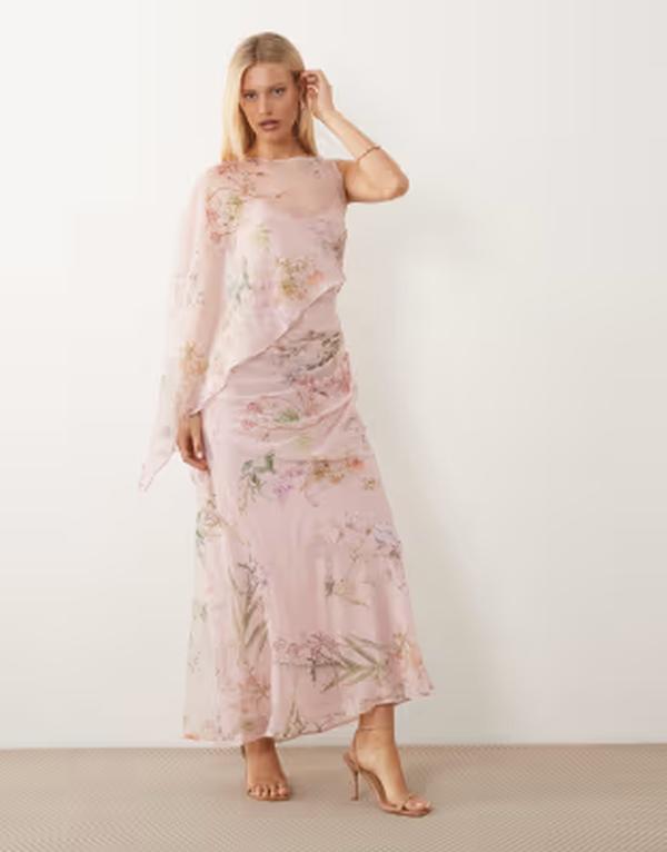 エイソス レディース トップス 衣裳 非対称 御花柄 ドレープ マキシ 御花 ASOS DESIGN draped batwing asymmetric one-sleeve maxi dress floral Pink Floral さくら色