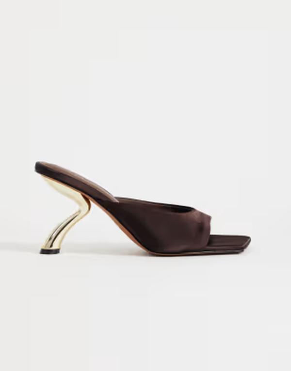 とっ始め販売店 レディース シューズ サンダル 繻子 踵 Topshop Nicole angular mid-height heeled mules インチ chocolate satin CHOCOLATE SATIN 黒茶