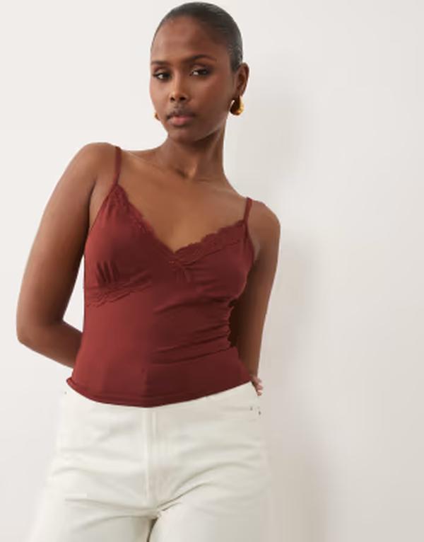 エイソス レディース トップス プルオーバー スピード競技刈り込み スピード競技 ASOS DESIGN slinky lace trim cami top インチ rust Red 赤いこと