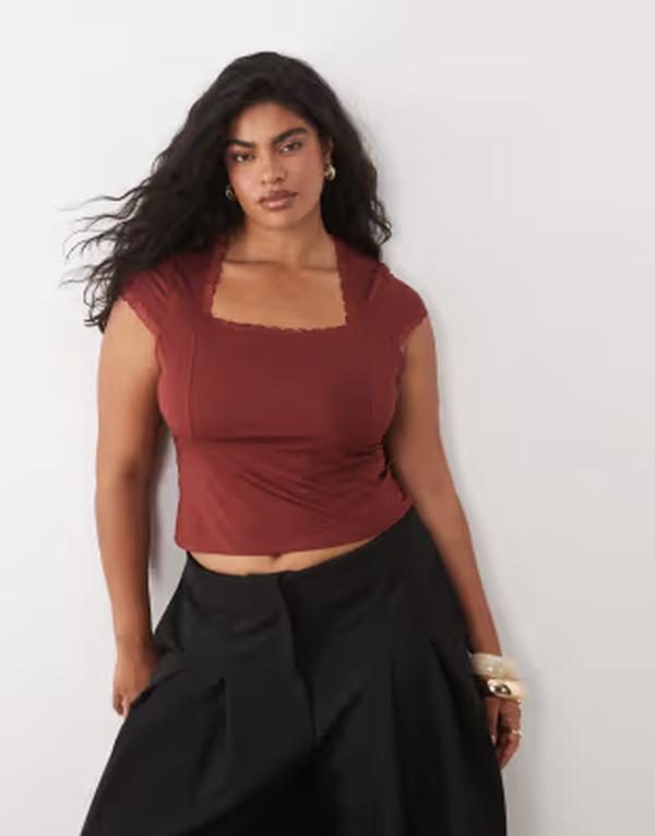 エイソス レディース トップス プルオーバー スピード競技刈り込み 旗がしら スピード競技 ASOS Curve ASOS DESIGN Curve slinky cap sleeve top with lace trim インチ rust Red 赤いこと