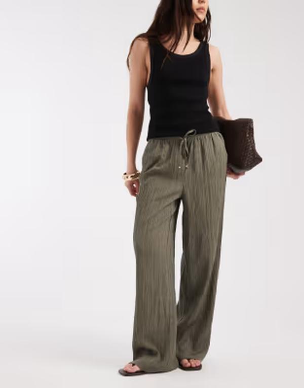 オンリー レディース ボトムス 心地好いズボン下 ワイドレッグ ONLY wide leg crinkle textured pants インチ olive Khaki カーキ