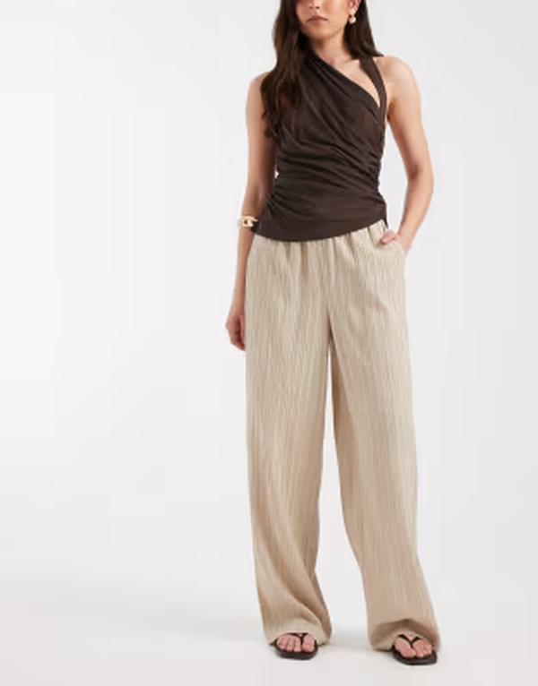オンリー レディース ボトムス 心地好いズボン下 ワイドレッグ ONLY wide leg crinkle textured pants インチ stone 石ころ