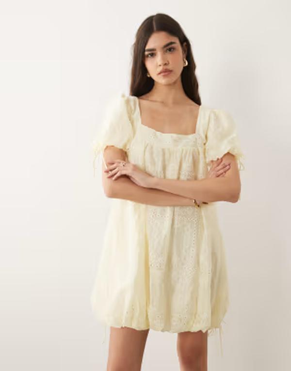 エイソス レディース トップス 衣装 ミニ ASOS DESIGN square neck bubble mini dress with embroidery detail インチ lemon
