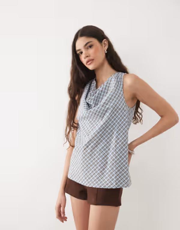 ノーバディーズ チャイルド レディース トップス プルオーバー ノースリーブ 綿織物 トップ Nobody\u0027s Child Bonbon cotton cowl neck sleeveless blouse インチ light blue check Light Blue 青色
