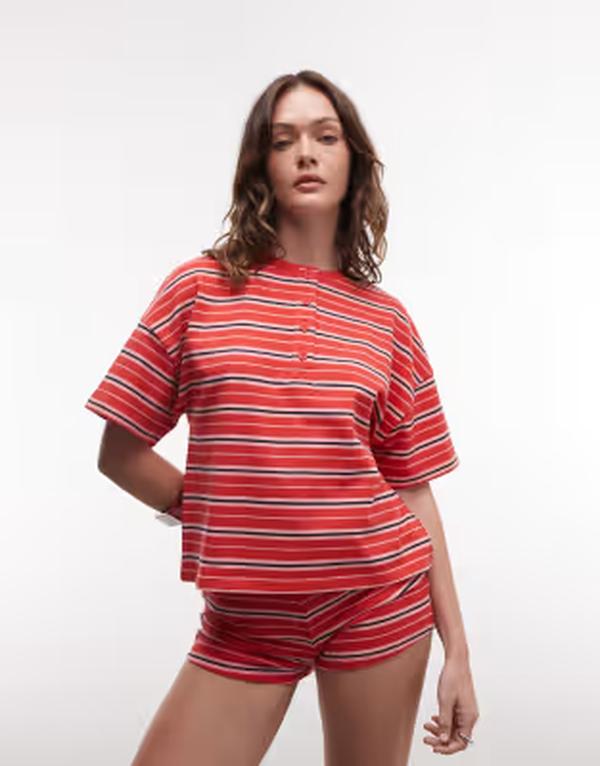 エイソス レディース トップス より良い プルオーバー 編み物 ASOS DESIGN textured knit boxy henley t-shirt stripe Red stripe 赤いこと