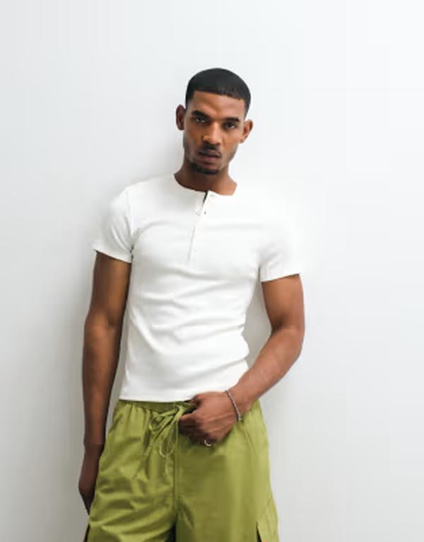 コルージョン メンズ トップス ティーシャツ COLLUSION rib muscle short sleeve henley T-shirt インチ stone 石ころ
