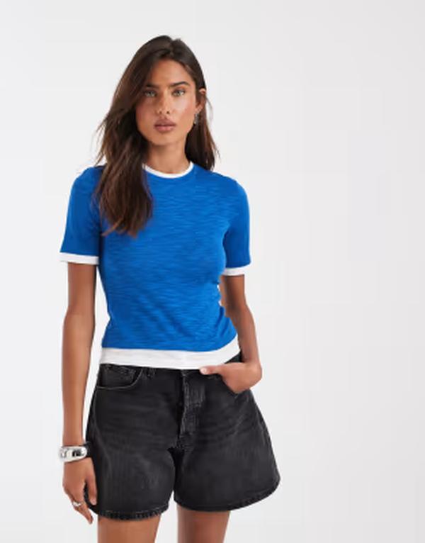 エイソス レディース トップス ティーシャツ ASOS DESIGN slubby shrunken tee with mock double layer インチ bright blue 青碧