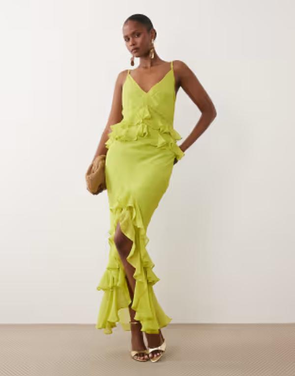エイソス レディース トップス ワンピース フリル マキシ ASOS DESIGN ruffle column cami maxi dress in lime GREEN ライム｜ReVida 店 19,936円