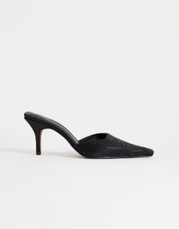 とっ始め販売店 レディース シューズ サンダル 踵 Topshop Avery embellished pointed toe heeled mules Black satin 黒いこと